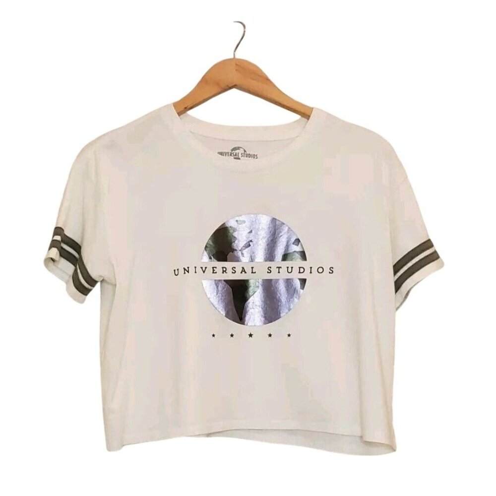 Universal Studios Women's Size Large Crop Top Ivory Green & Silver Globe Graphic - Picture 14 of 14